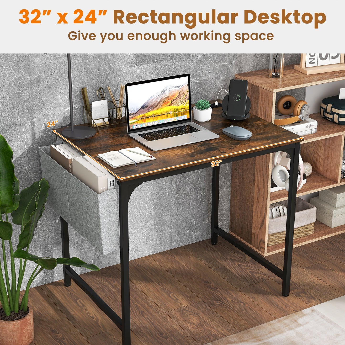 32 Inch Home Office Desk with Charging Station Storage Bag and Headphone Hook, Rustic Brown Computer Desks at Gallery Canada