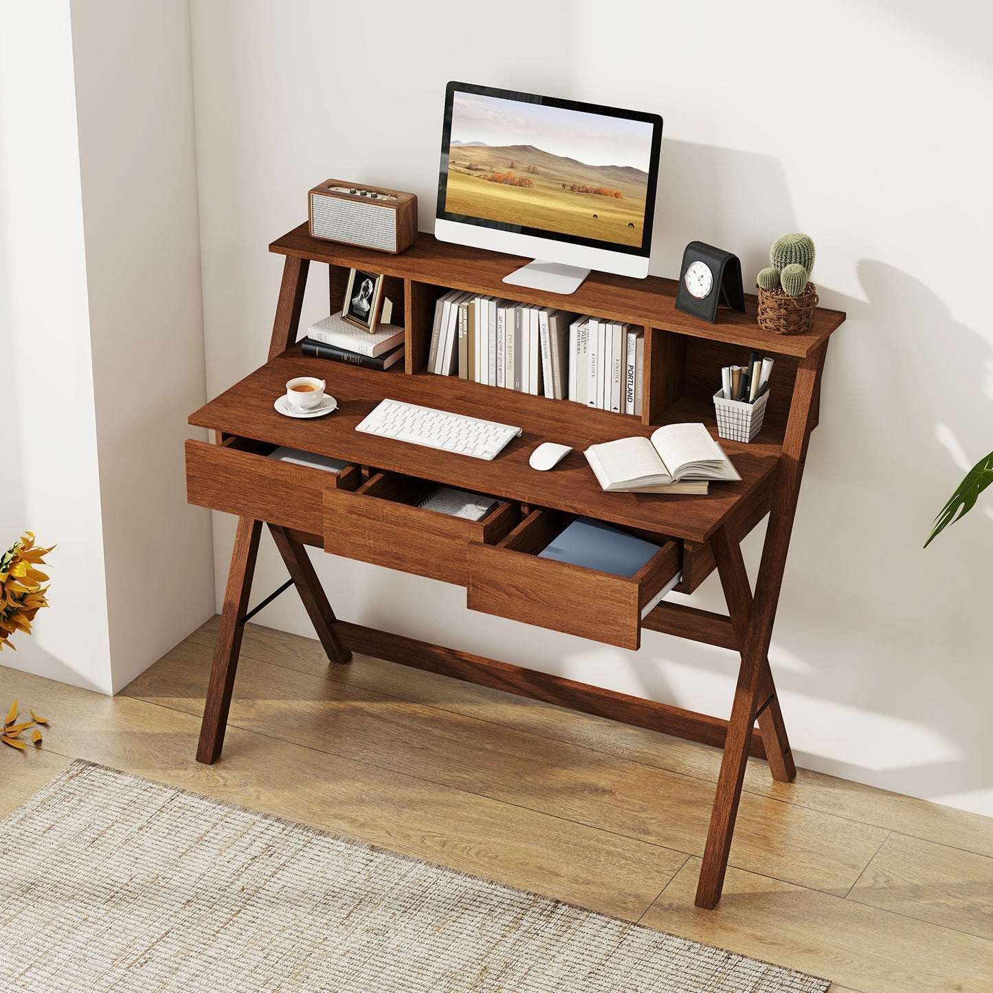 Mid Century Office Desk With 3 Drawers, Monitor Stand, Brown Computer Desks at Gallery Canada