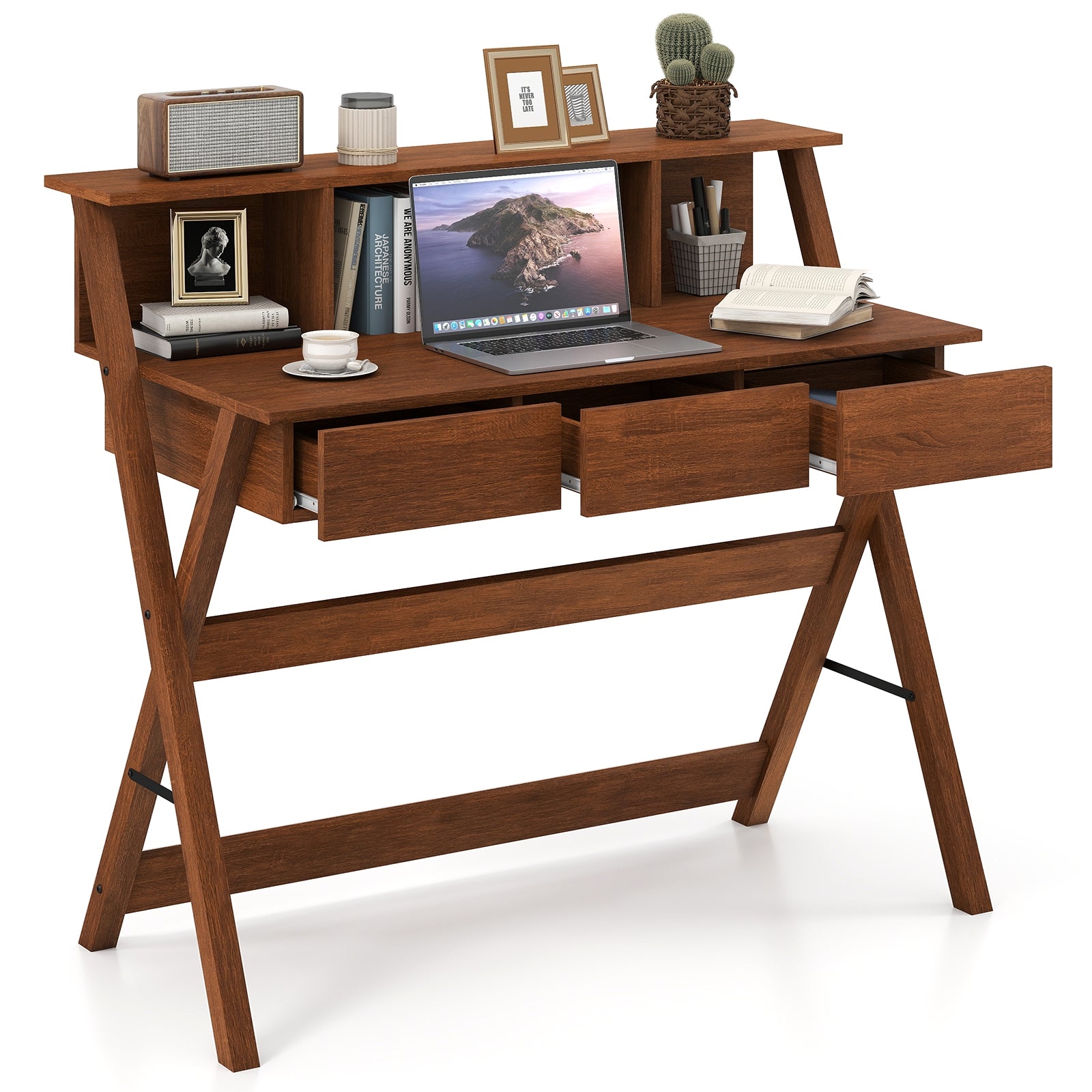 Mid Century Office Desk With 3 Drawers, Monitor Stand, Brown Computer Desks at Gallery Canada