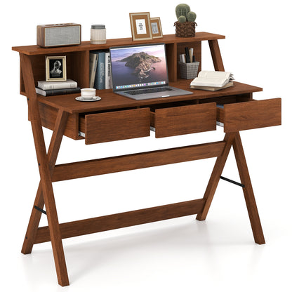 Mid Century Office Desk With 3 Drawers, Monitor Stand, Brown Computer Desks at Gallery Canada