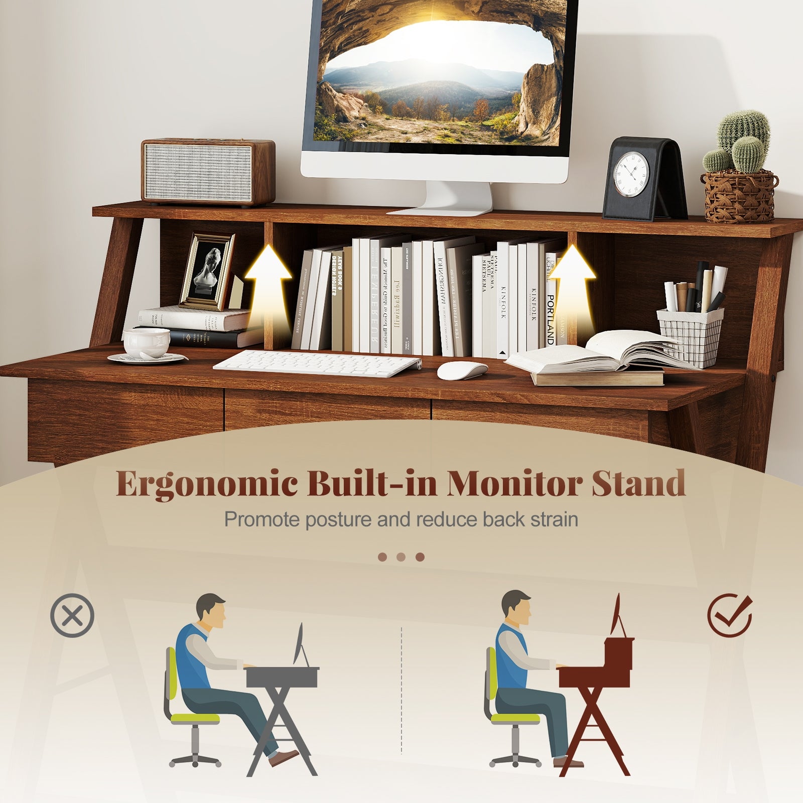 Mid Century Office Desk With 3 Drawers, Monitor Stand, Brown Computer Desks at Gallery Canada