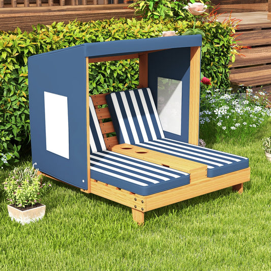 Kids Patio Lounge Chair with Cup Holders and Awning, Navy - Gallery Canada