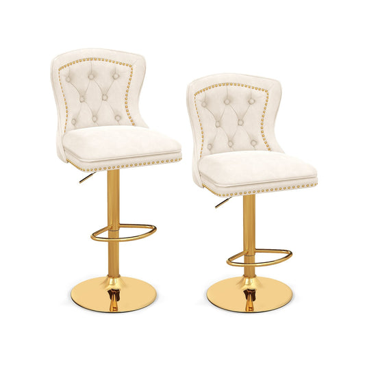 Set of 2 Bar Chairs with Footrest  Electroplated Metal Base and Anti-Slip Ring, Beige - Gallery Canada