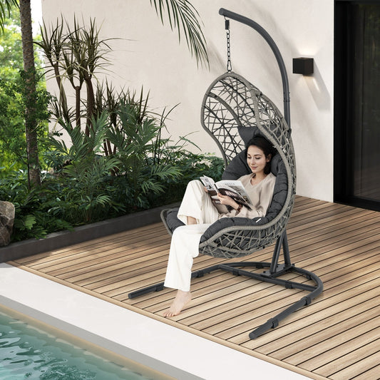 Egg Chair with Stand PE Rattan Swing Hammock Chair with Pillow and Cushion, Gray - Gallery Canada