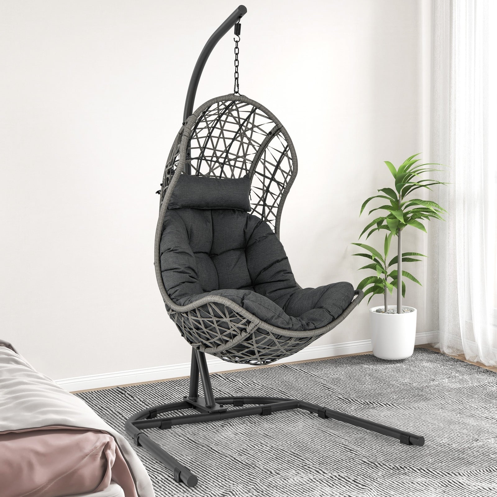 Egg Chair with Stand PE Rattan Swing Hammock Chair with Pillow and Cushion, Gray Hammocks at Gallery Canada