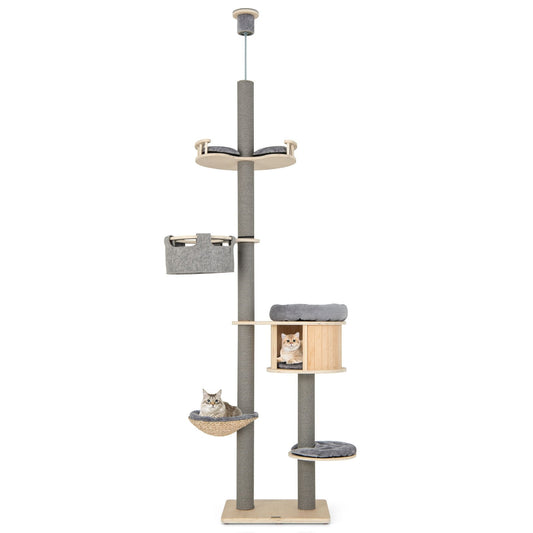 6-Tier Floor-To-Ceiling Cat Tree, 100-110 Inches Adjustable Height, Natural