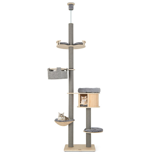 6-tier Floor-to-Ceiling Cat Tree 100-110 Inches Adjustable Height, Natural Cat Trees Condos & Scratchers Natural at Gallery Canada