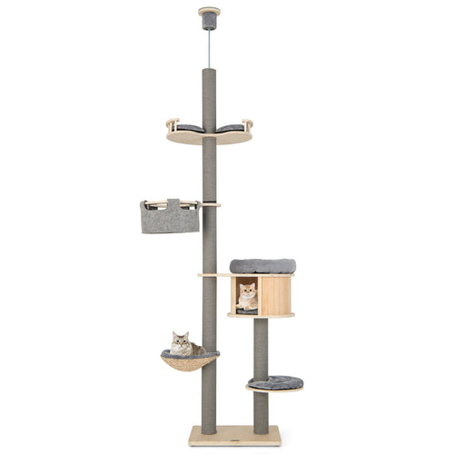 6-tier Floor-to-Ceiling Cat Tree 100-110 Inches Adjustable Height, Natural