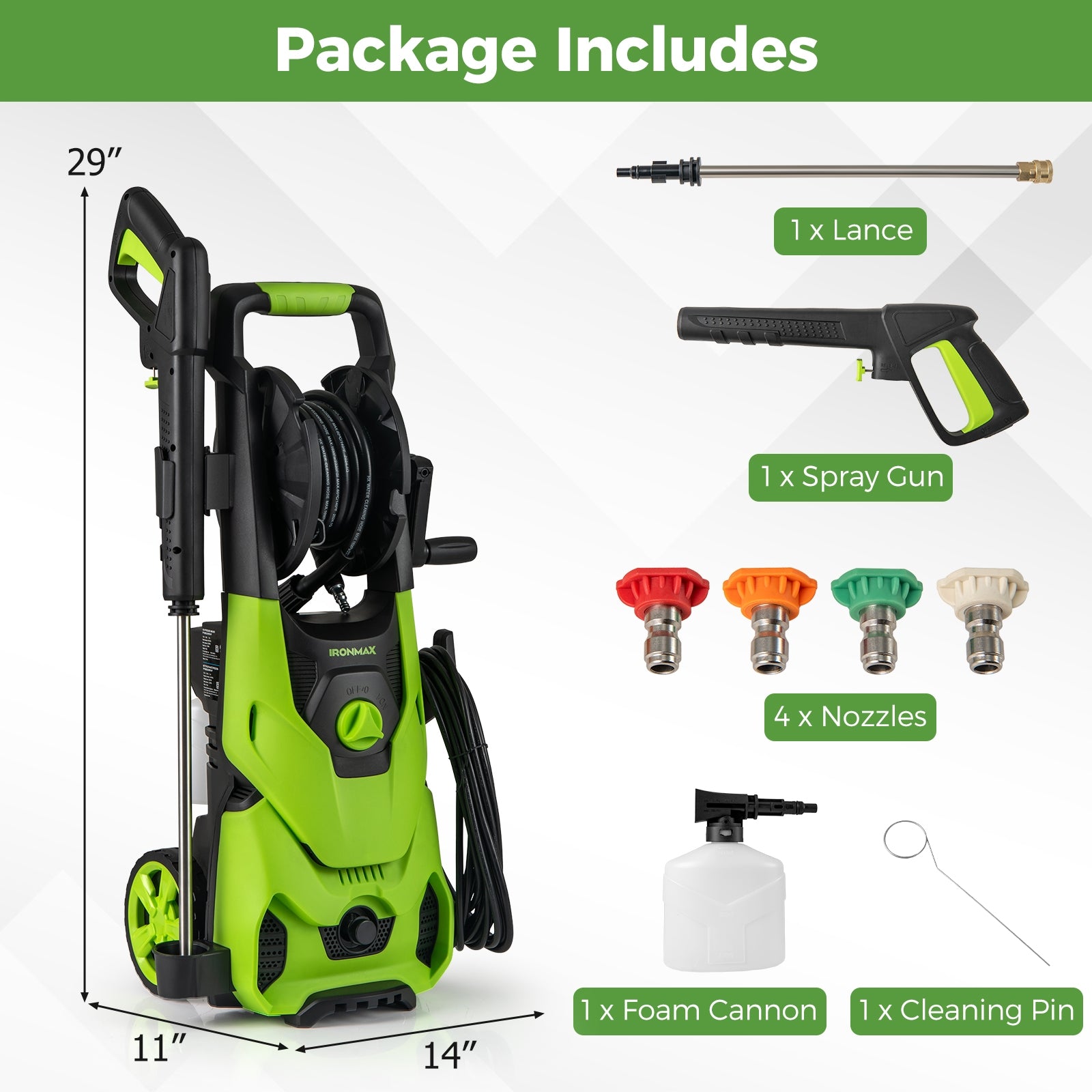 2150PSI Electric Pressure Washer 1.2GPM with 4 Quick Connect Nozzles and Foam Cannon, Green Pressure Washers at Gallery Canada