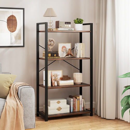 4-Tier Bookshelf with Heavy Duty Metal Frame Industrial Display Shelf, Rustic Brown