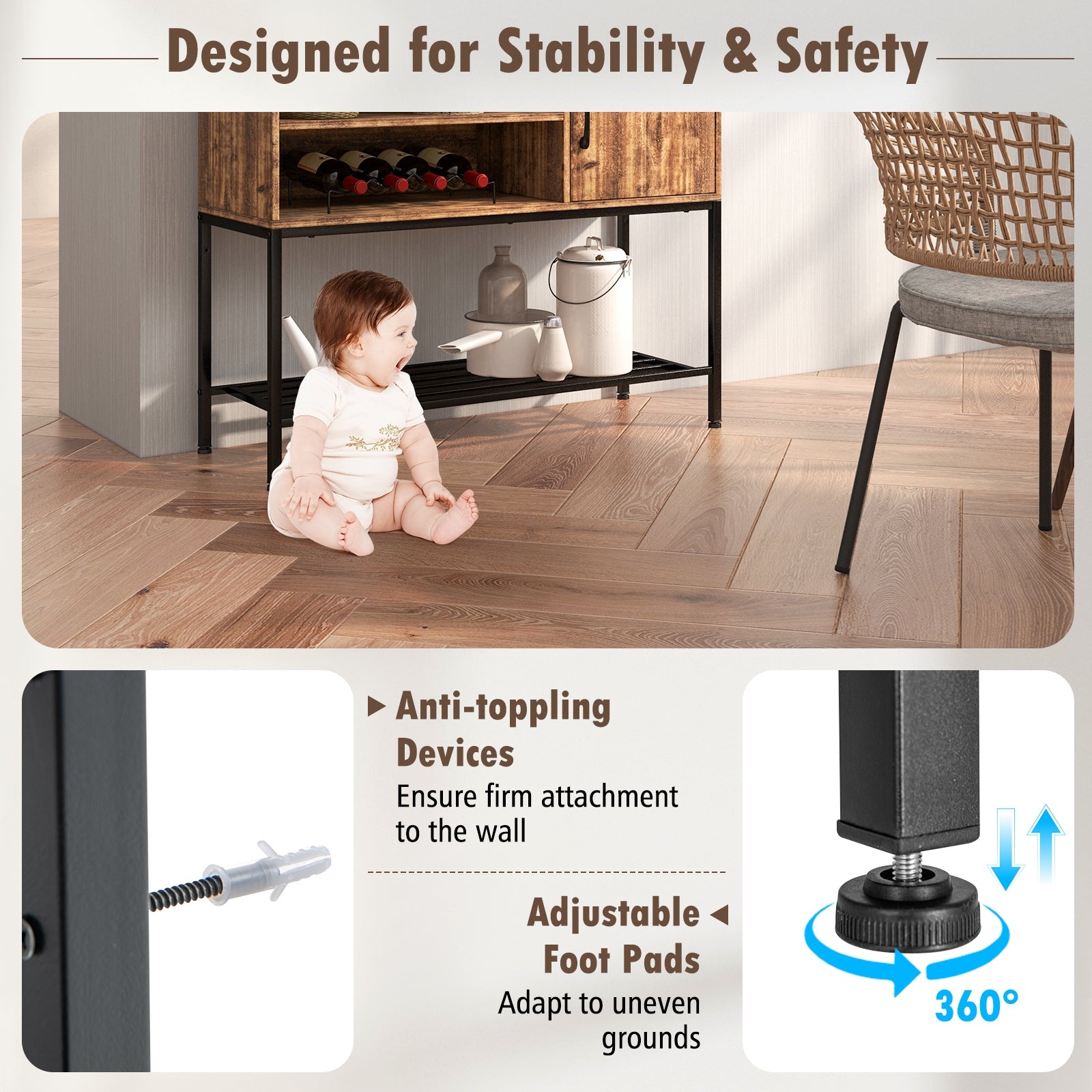 Buffet Sideboard Coffee Bar Cabinet with Power Outlets and USB Ports, Rustic Brown Sideboards Cabinets & Buffets at Gallery Canada