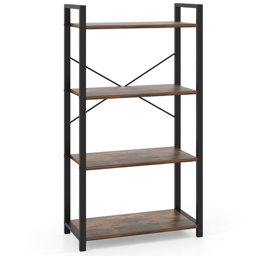 4-Tier Bookshelf, Heavy Duty Metal Frame, Industrial Display Shelf, Rustic Brown