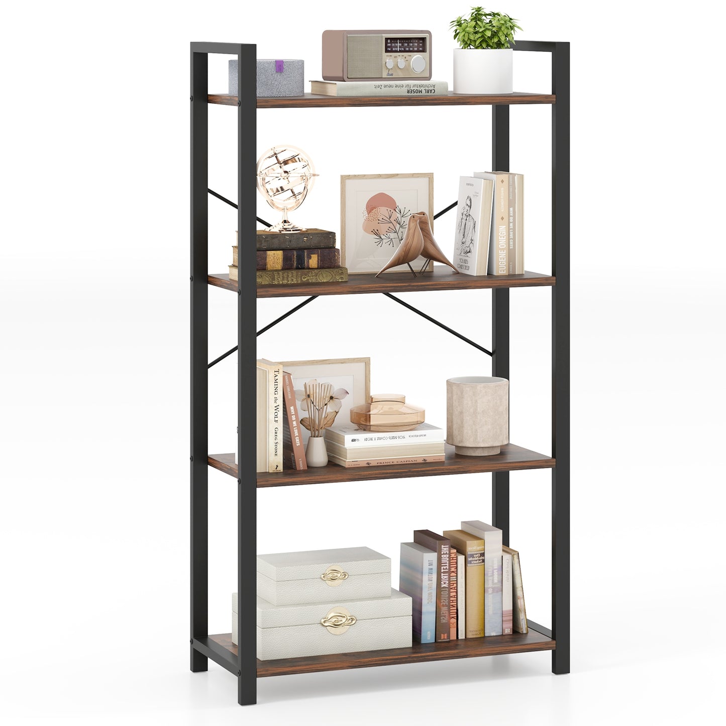 4-Tier Bookshelf with Heavy Duty Metal Frame Industrial Display Shelf, Rustic Brown Bookcases at Gallery Canada