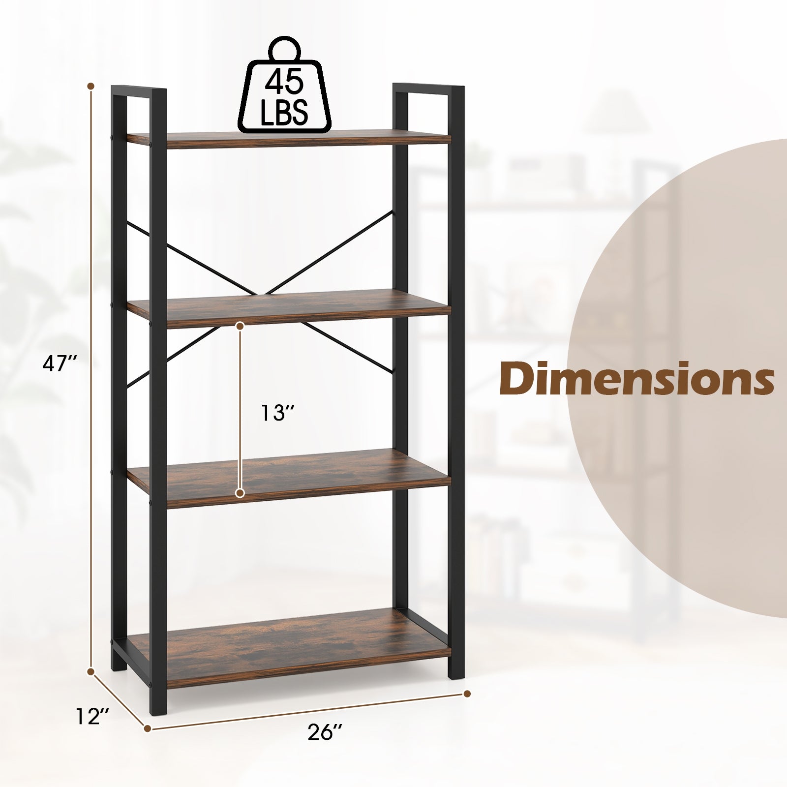 4-Tier Bookshelf with Heavy Duty Metal Frame Industrial Display Shelf, Rustic Brown Bookcases at Gallery Canada