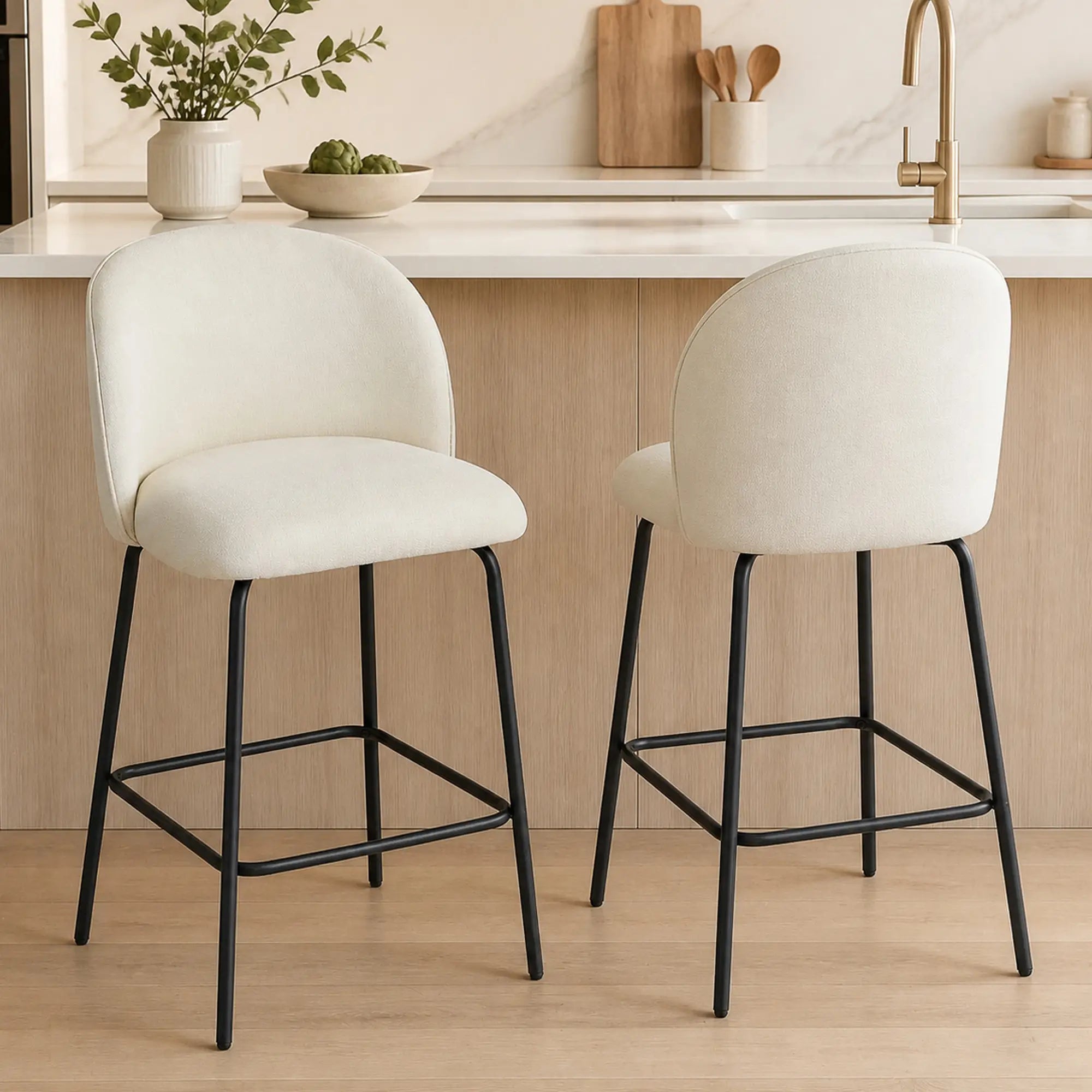 Set of 2 Counter Height Barstools, Upholstered Linen, Cream White Bar Stools at Gallery Canada