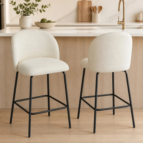 Set of 2 Counter Height Barstools, Upholstered Linen, Cream White