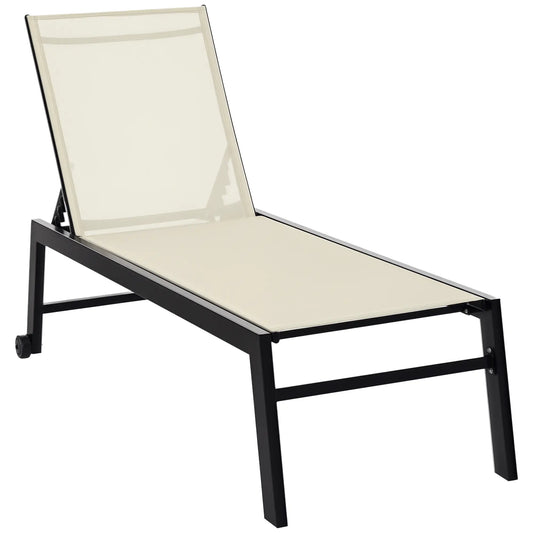 Outdoor Lounge Chair, 5-Position Reclining Backrest, 2 Wheels, Cream White Lounger Chairs Cream White, Black at Gallery Canada