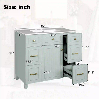 Bathroom Vanity, Ceramic Sink, Soft-Close Doors, 36" L x 18" W x 34" H, Green Sink Cabinets at Gallery Canada