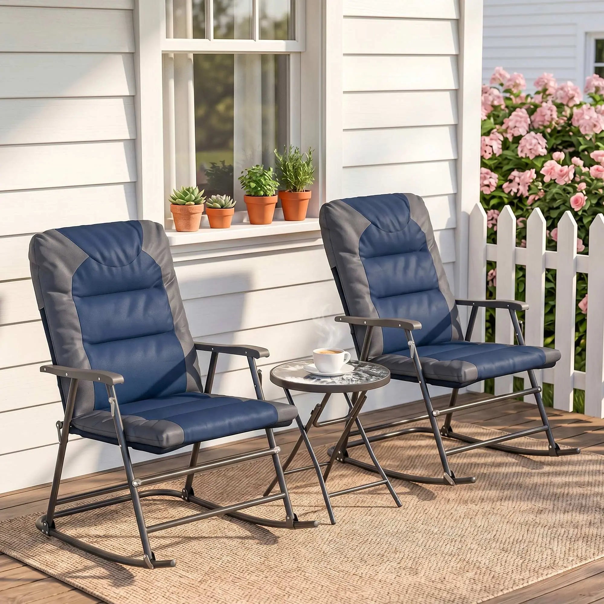 3pc Foldable Rocking Chair Set, Outdoor Bistro w/ Padded Seat, Blue Outdoor Rocking Chairs at Gallery Canada