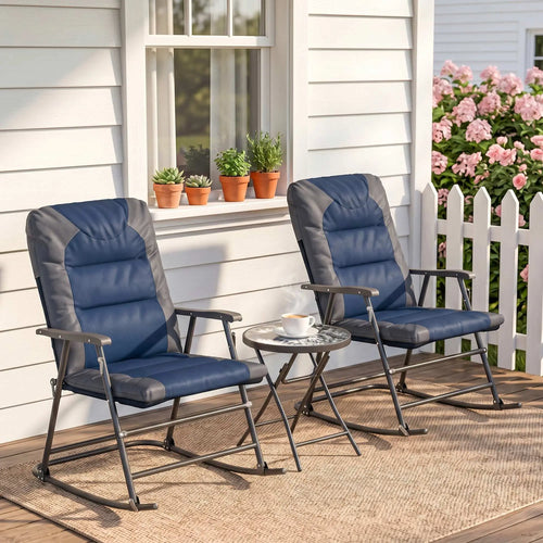 3pc Foldable Rocking Chair Set, Outdoor Bistro w/ Padded Seat, Blue