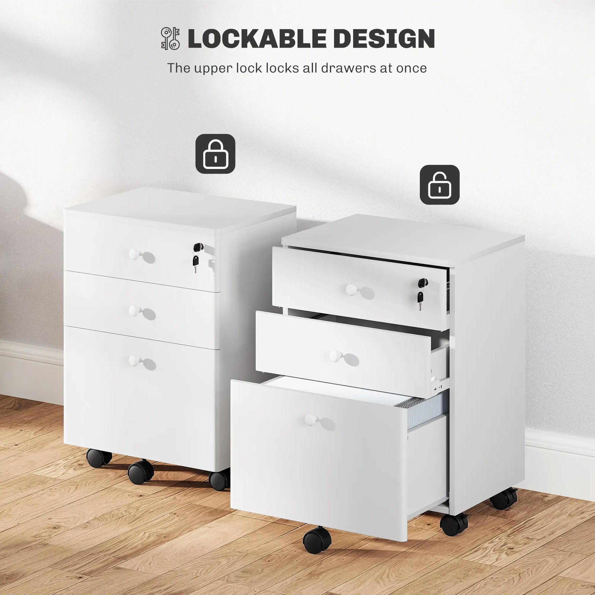 3-Drawer Small Filing Cabinet with Lock, Vertical Office Storage, White Office Cabinets & Cupboards at Gallery Canada