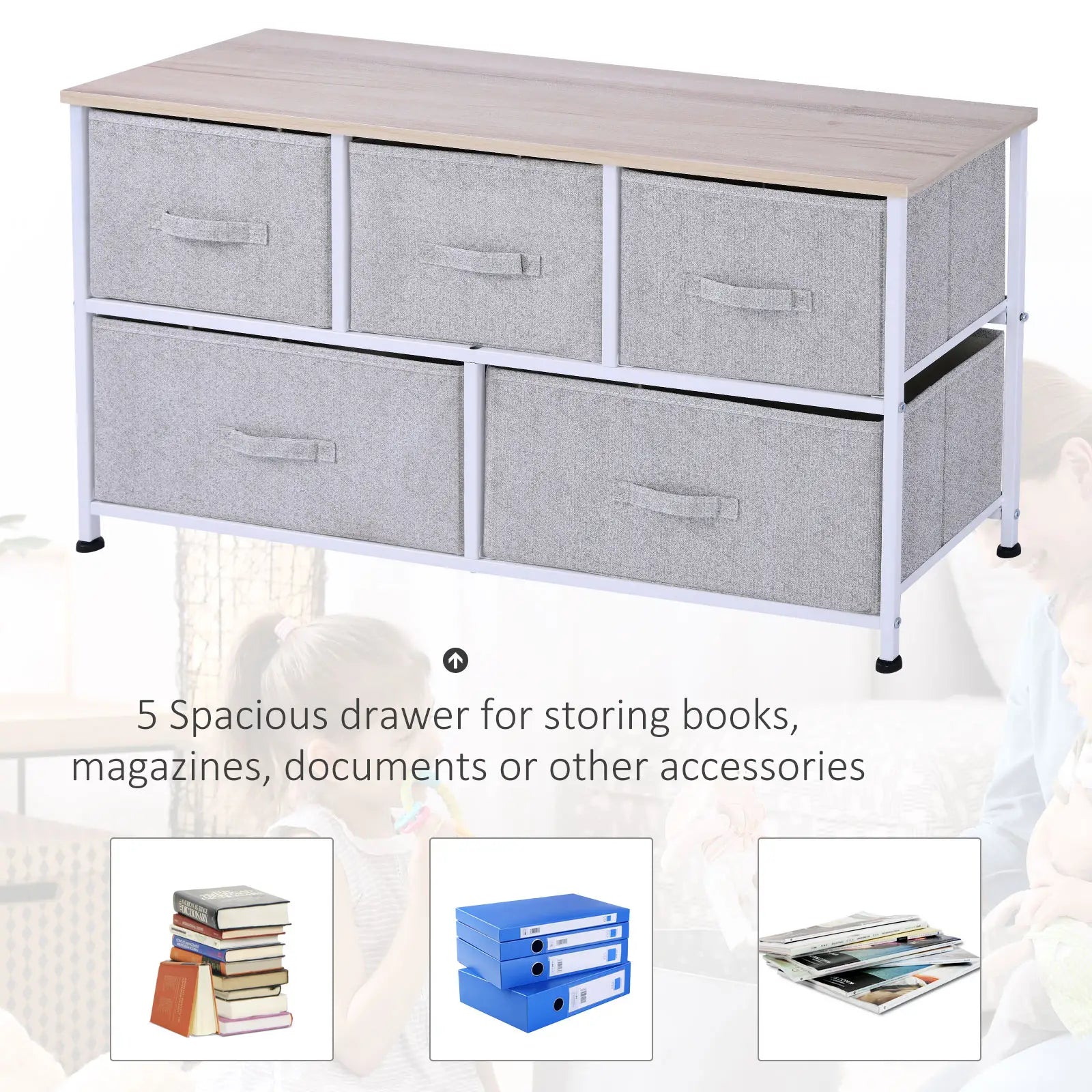 Linen Drawer Cabinet, 5 Removable Drawers, Metal Frame, Adjustable Feet, Grey Storage Cabinets at Gallery Canada