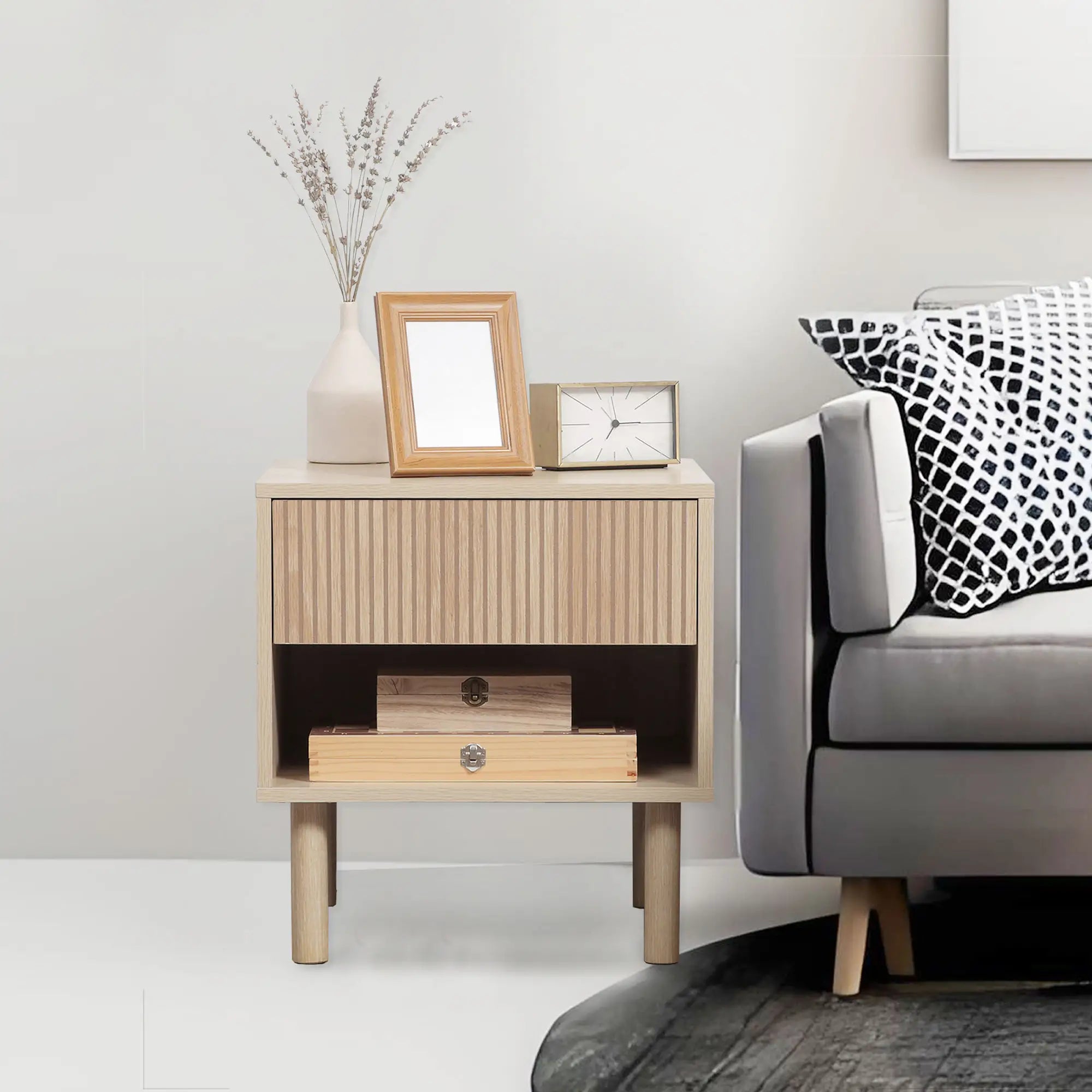 Set of 2 Nightstands, Storage Shelf, Drawer, Natural Wood Bedside Tables at Gallery Canada