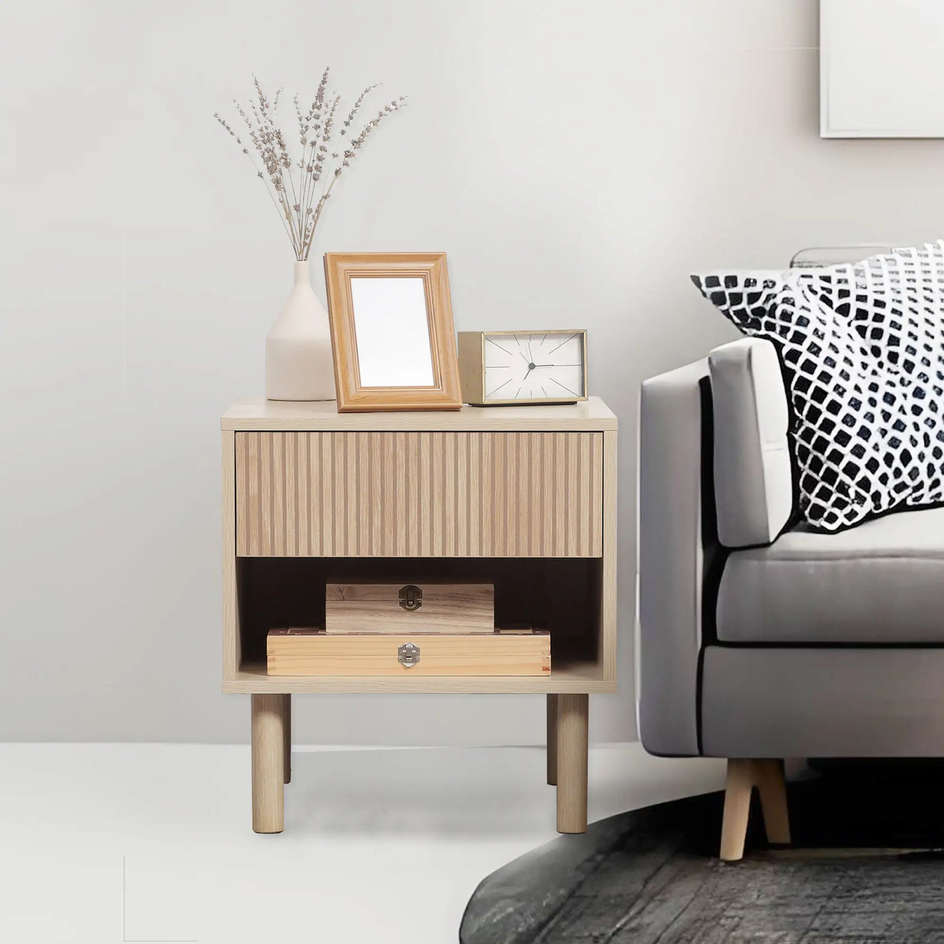 Set of 2 Nightstands, Storage Shelf, Drawer, Natural Wood Bedside Tables at Gallery Canada