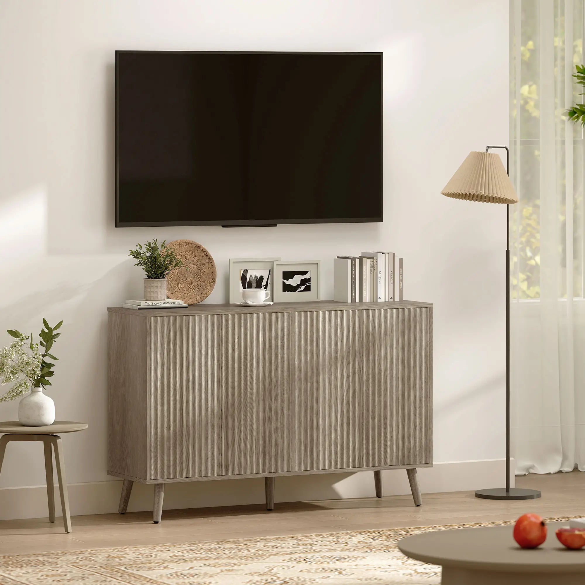 Fluted Sideboard with Adjustable Shelves, Light Grey Bar Cabinets at Gallery Canada