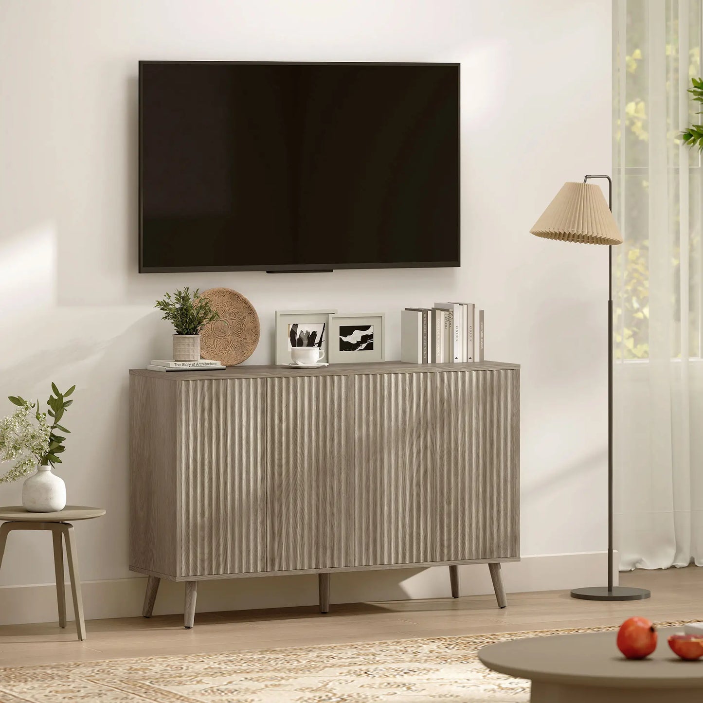 Fluted Sideboard with Adjustable Shelves, Light Grey Bar Cabinets at Gallery Canada