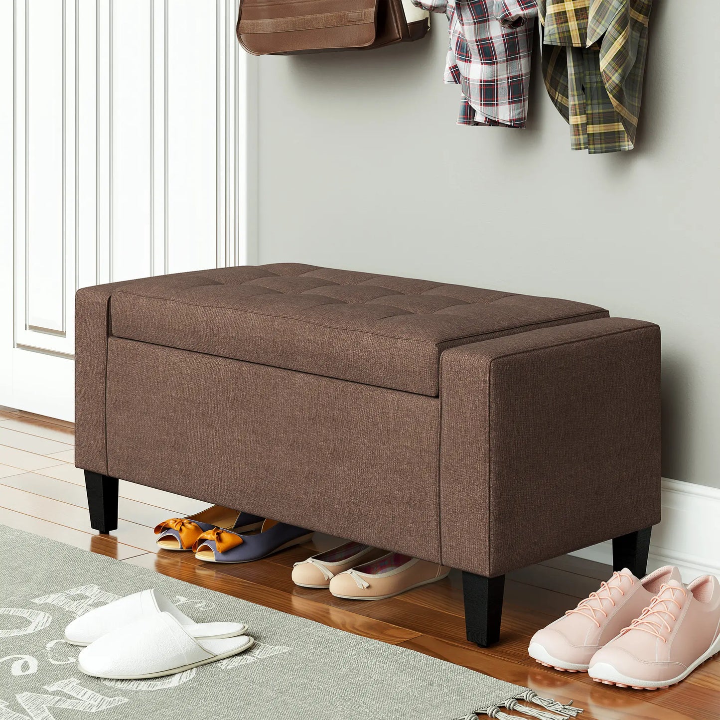 Storage Ottoman Bench, Linen Upholstered, Tufted, Brown Storage Ottomans & Benches at Gallery Canada