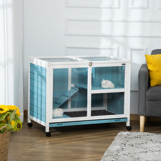 Indoor Rabbit Hutch with Wheels, Bunny Cage Guinea Pig House W/ Top Access, Ramp, Pull Out Tray, Blue - Gallery Canada