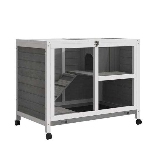 Indoor Rabbit Hutch with Wheels, Bunny Cage Guinea Pig House W/ Top Access, Ramp, Pull Out Tray, Grey at Gallery Canada