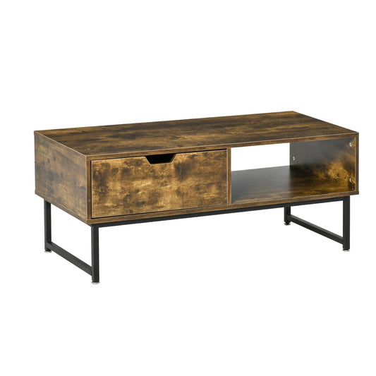 Industrial Coffee Table, Center Table with Drawer and Open Storage Compartment, Steel Legs, for Living Room, Rustic Brown - Gallery Canada