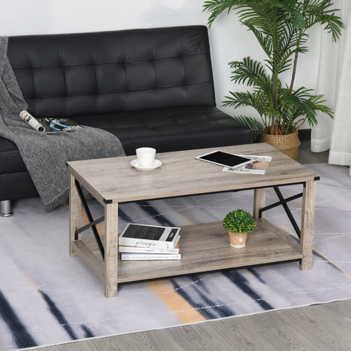 Industrial Coffee Table, Cocktail Table with Bottom Storage Shelf, Metal X-Bar for Living Room Bedroom