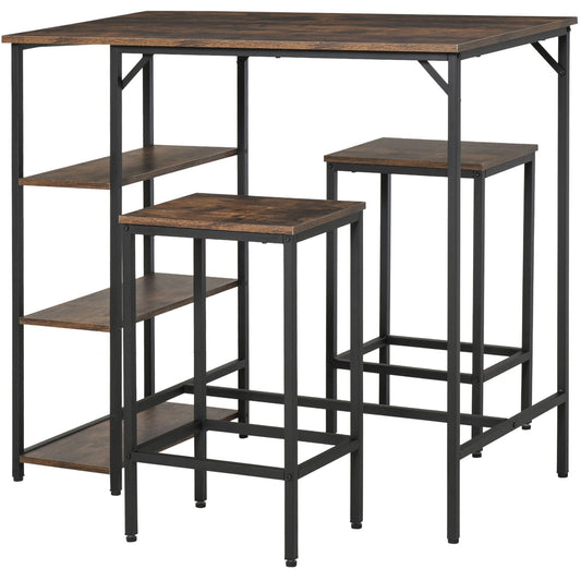 Industrial Dining Table Set for 2, Bar Table and Stools Set, Counter Height Kitchen Table with Chairs with Storage Shelf, Rustic Brown - Gallery Canada