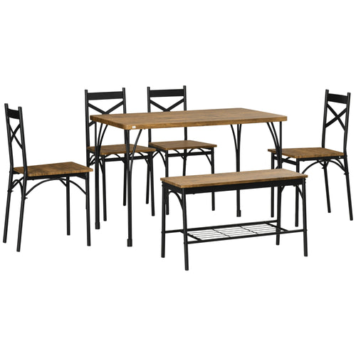 Industrial Dining Table Set for 6 People, 6 Piece Kitchen Table and Chairs Set, Dinner Table with Bench and Storage Shelf, Dinette Set, Rustic Brown