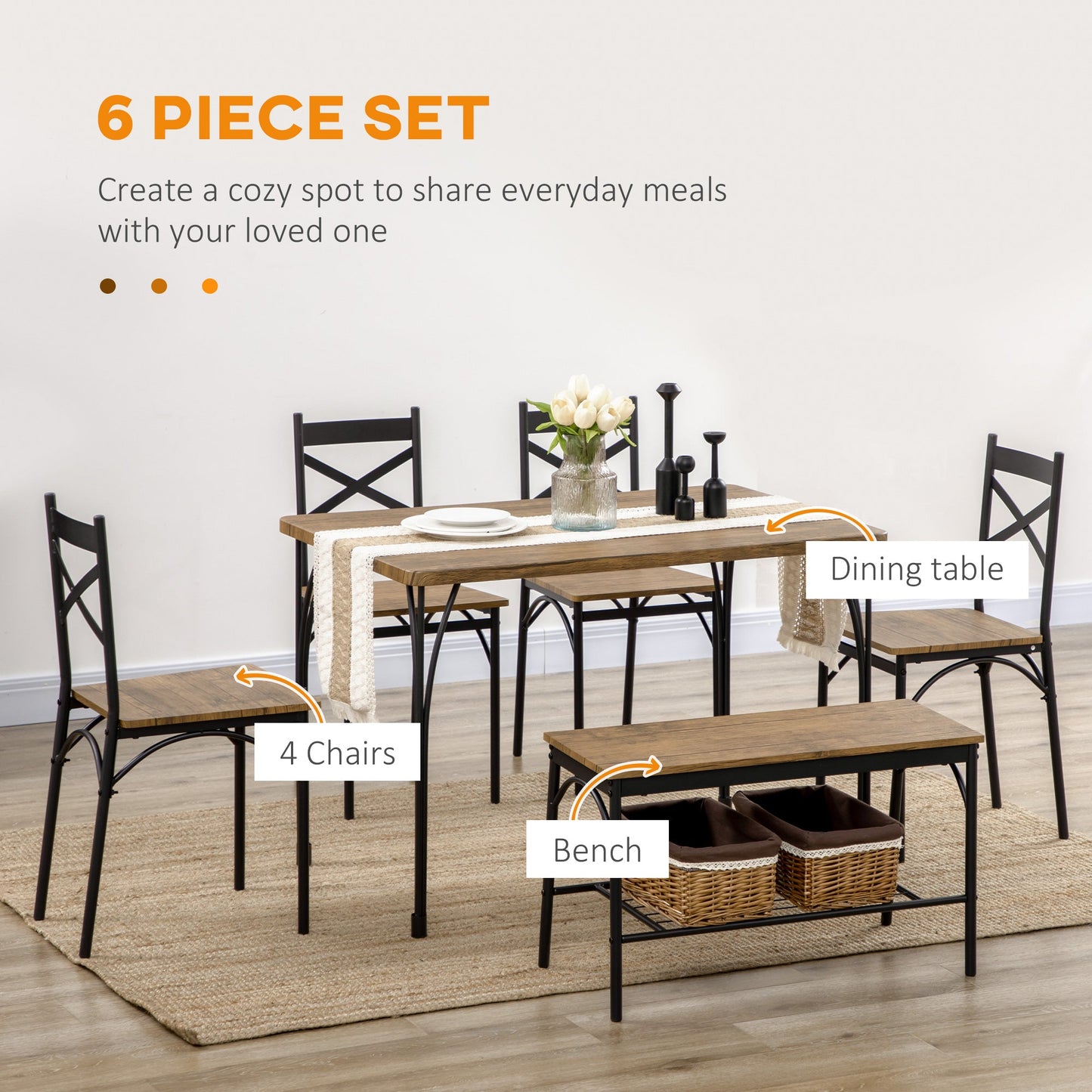 Industrial Dining Table Set for 6 People, 6 Piece Kitchen Table and Chairs Set, Dinner Table with Bench and Storage Shelf, Dinette Set, Rustic Brown at Gallery Canada