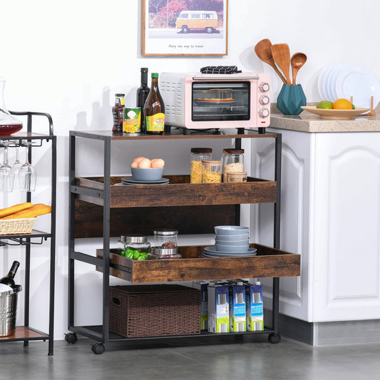 Industrial Kitchen Rolling Cart on Wheels, 4-Tier Utility Cart with Pull-out Open Shelves and Mesh Bottom, Microwave Stand for Dining &; Living Room, Rustic Brown - Gallery Canada