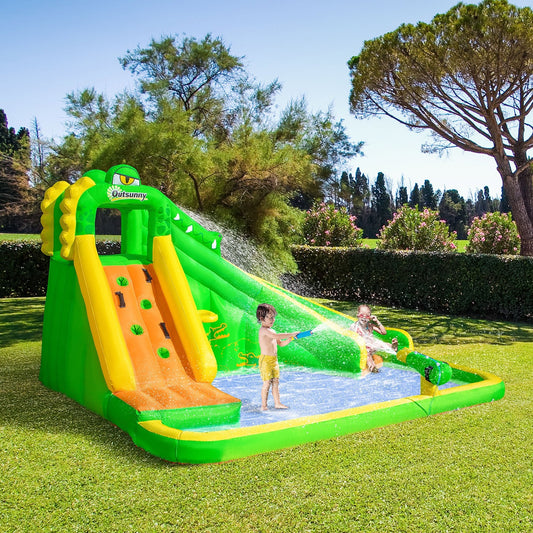 Inflatable Water Slides, 6 in 1 Crocodile Large Bouncy House for Kids Backyard w/ Air Blower, Climbing Wall, Water Cannon, Basket - Gallery Canada