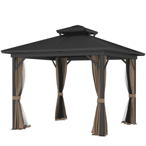 10' x 10' Hardtop Gazebo, Double Tier Metal Roof, Dark Brown