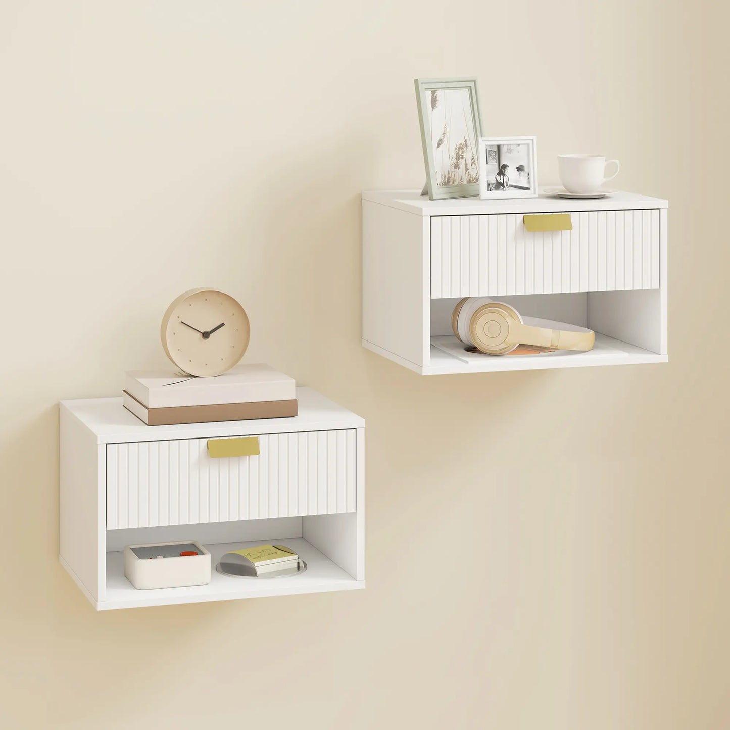 Set of 2 Floating Nightstands, Wall Mounted with Fluted Drawer and Shelf, White