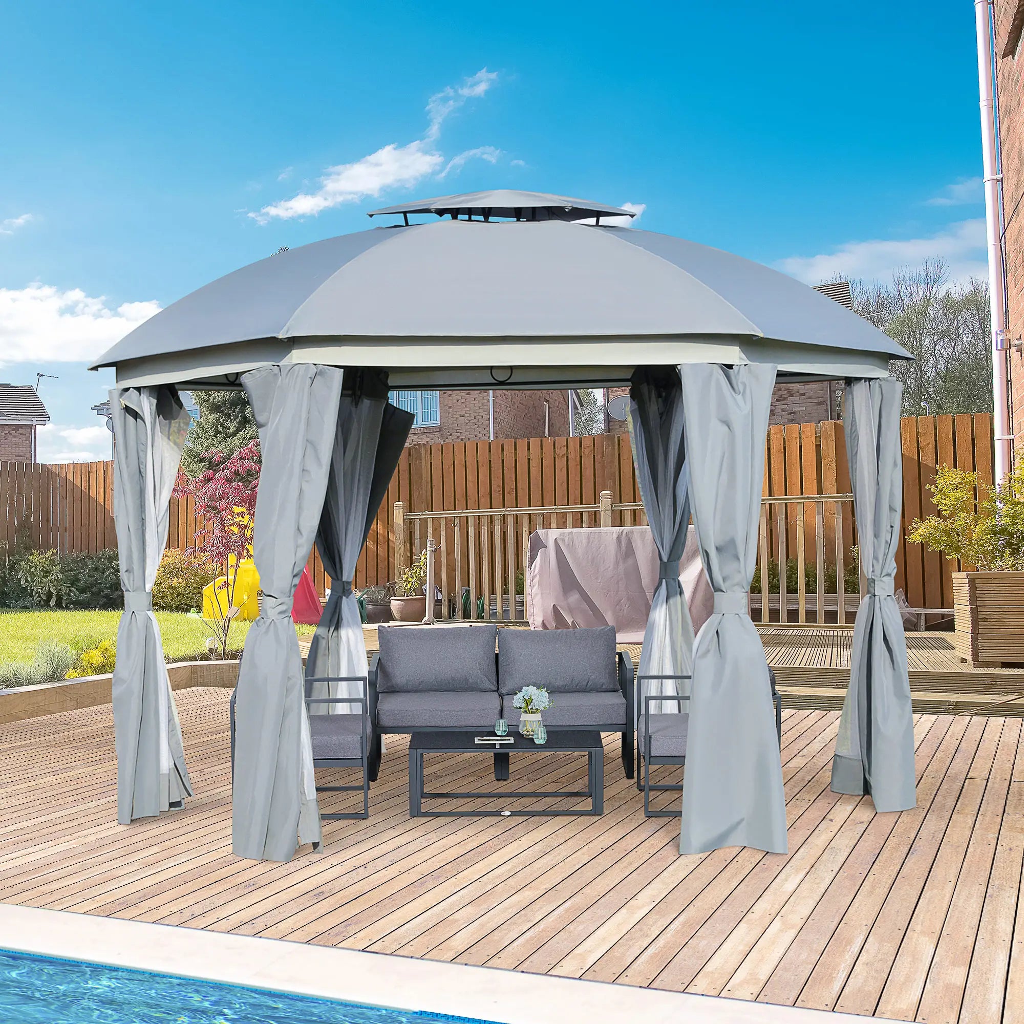 12' x 12' Outdoor Gazebo, Dome Canopy, Netting Sidewalls, Dark Grey Gazebos at Gallery Canada