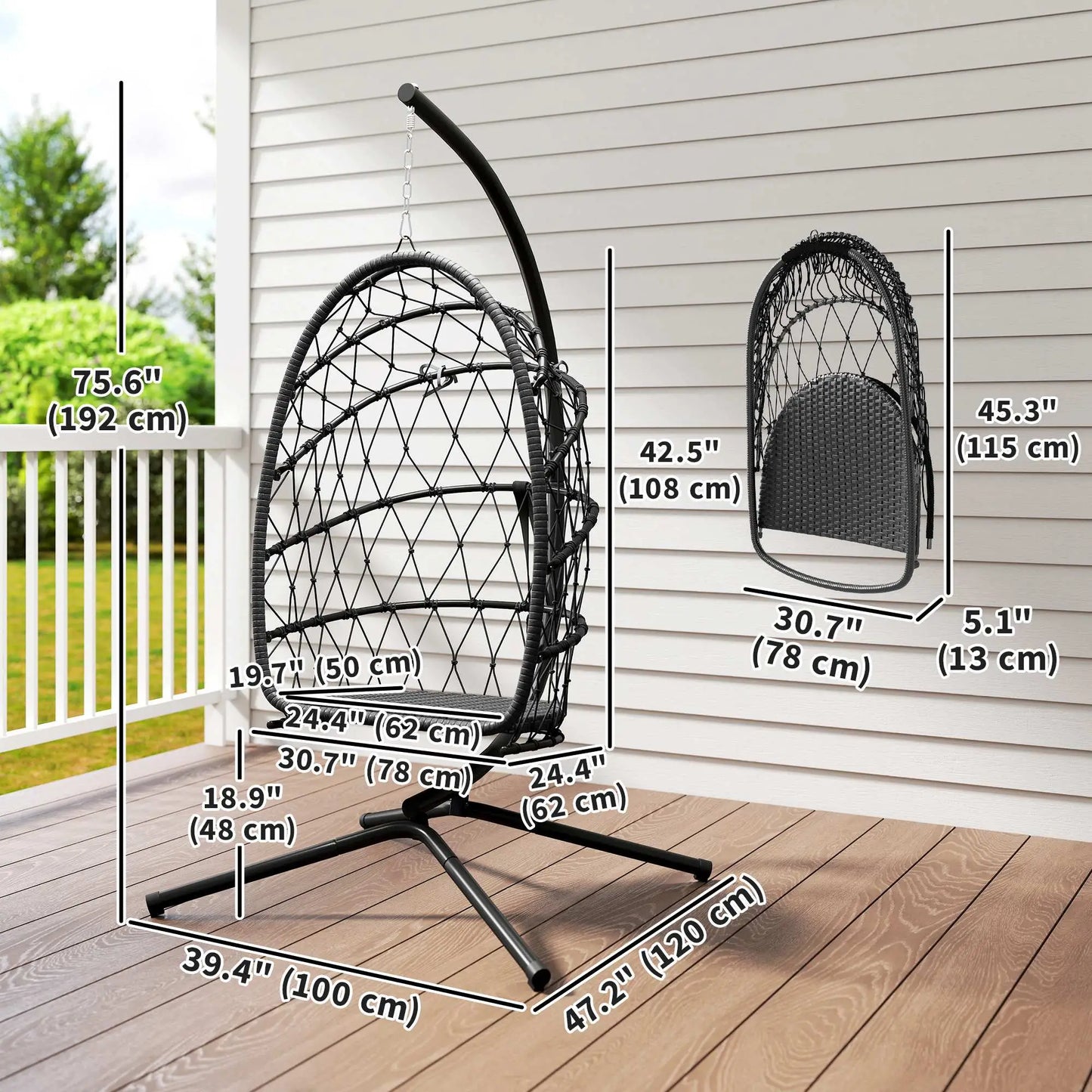 Hanging Egg Chair With Stand, Foldable Wicker Rattan Swing, Thick Cushion, Black Patio Swings with Stand at Gallery Canada