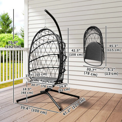 Hanging Egg Chair With Stand, Foldable Wicker Rattan Swing, Thick Cushion, Black Patio Swings with Stand at Gallery Canada