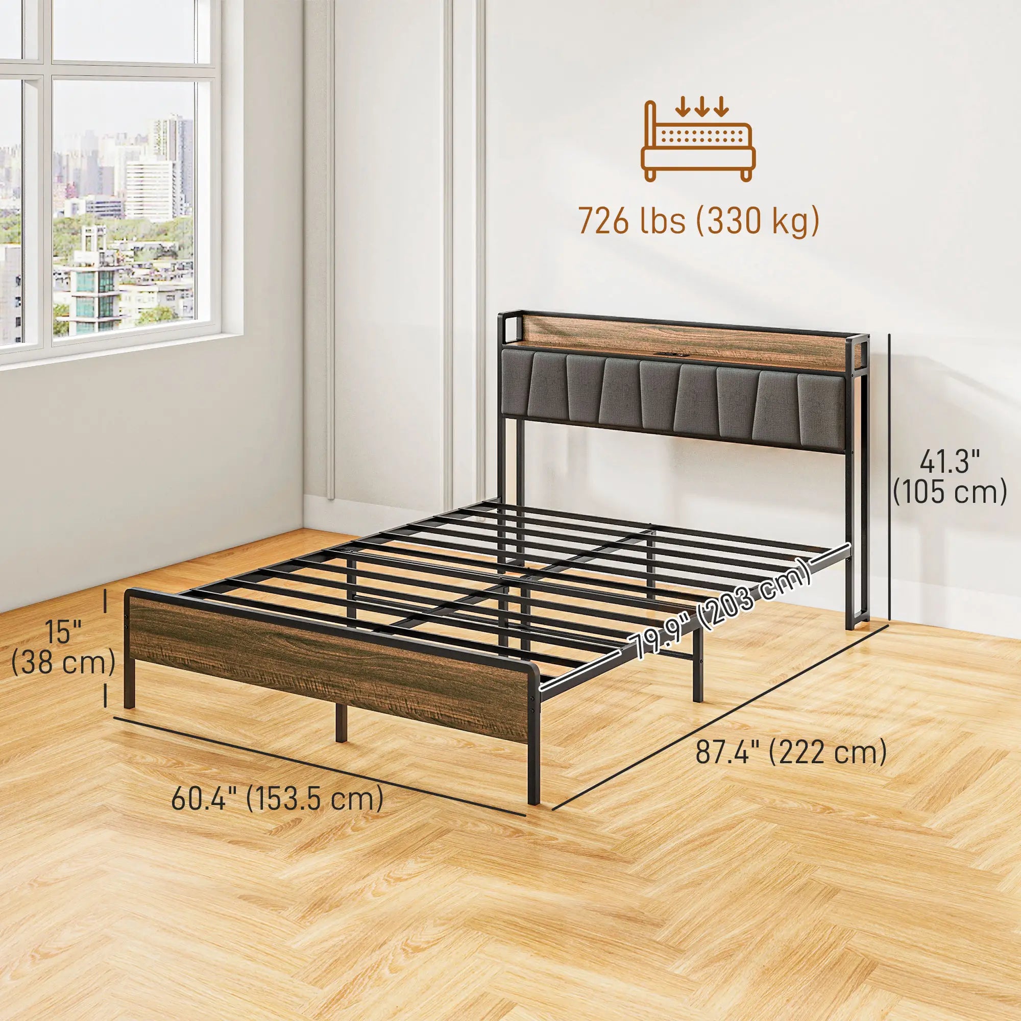 Queen Size Bed Frame, Upholstered Headboard, Storage Shelf, Walnut Bedroom Furniture at Gallery Canada