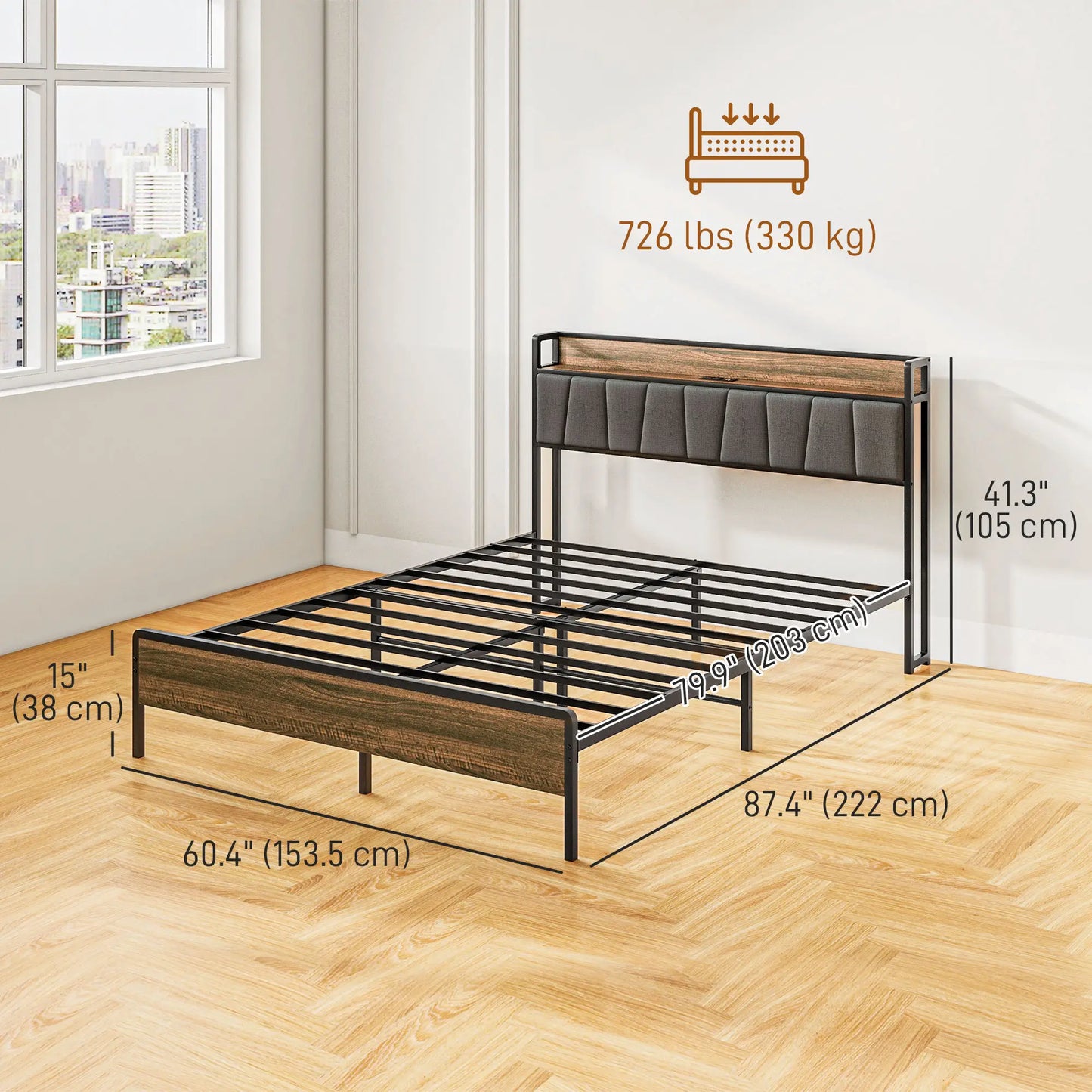 Queen Size Bed Frame, Upholstered Headboard, Storage Shelf, Walnut Bedroom Furniture at Gallery Canada