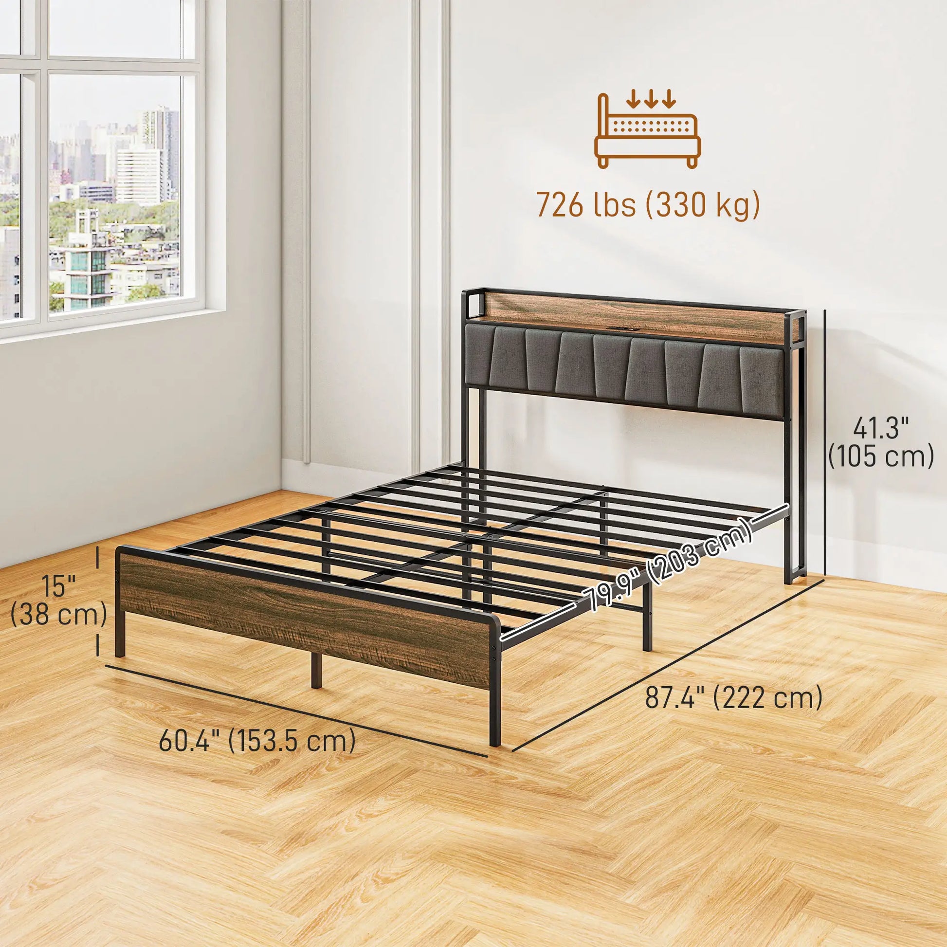 Queen Size Bed Frame, Upholstered Headboard, Storage Shelf, Walnut Bedroom Furniture at Gallery Canada