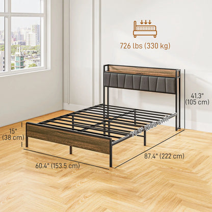 Queen Size Bed Frame, Upholstered Headboard, Storage Shelf, Walnut Bedroom Furniture at Gallery Canada