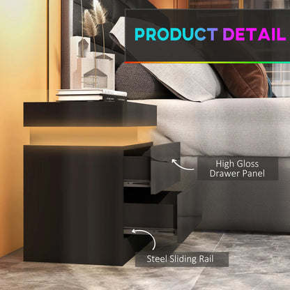 Nightstand, Bedside Table with LED Lights, 2 Drawers, Black Bedside Tables at Gallery Canada